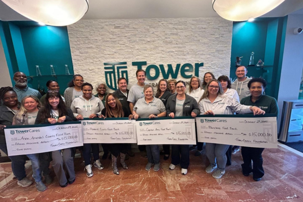 Tower Federal Credit Union Employees Hold Donation Checks during employee appreciation week.