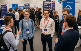 A group of young, diverse professionals connect at a tech industry event, sharing ideas and building their networks.